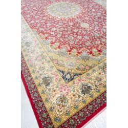 Iránsky luxusný strojový hodvábny koberec Forogh Qom majestátna červená